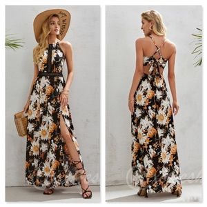 Maxi Floral Dress Black Halter Neck Open Back